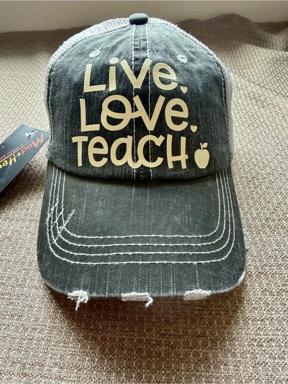 Brand New Handmade Women’s Distressed “Live. Love. Teach” Trucker Cap Hat